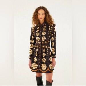 FARM Rio Black and Gold Floral Long Sleeve Dress